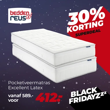 Tegel met een actie voor 30% korting (superdeal) op het Pocketveermatras Excellent Latex tijdens Black Friday.