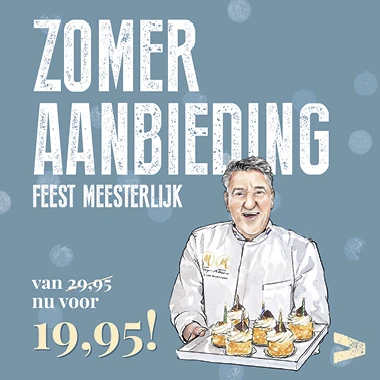 Een tegeltje waarop een socialpost wordt getoond van de zomer aanbieding voor Feest Meesterlijk.