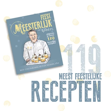 Een tegeltje waarop een socialpost wordt getoond met 119 feestelijke recepten