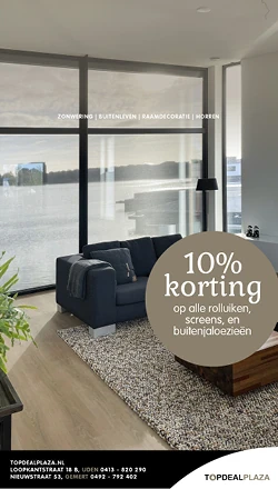 Socialpost waarbij geadverteerd wordt voor 10% korting op alle rolluiken, screens en buitenjaloezieën. Logo van TopDeal Plaze staat rechtsonderin met de contactgegevens.