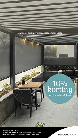 Socialpost waarbij geadverteerd wordt voor 10% korting op lammellen. Logo van TopDeal Plaze staat rechtsonderin met de contactgegevens.