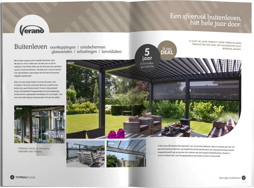 Opengeslagen inkijkexemplaar van de brochure van TopDeal Plaza waarin de producten van het merk Verano worden uitgelicht. 