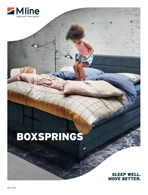 Cover van de M line brochure. Afbeelding is van een kind, springend op een bed.