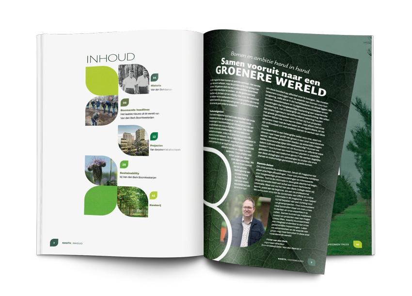 Open geslagen magazine ROOTS van Van den Berk Boomkwekerijen. Linkerpagina toont de inhoudsopgave met groene grafische elementen en foto's. Rechterpagina bevat een artikel met de titel