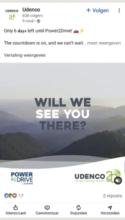 Socialpost met de tekst: Will we see you there? Doelend op het evenement Power2Drive in München.