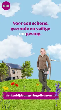 Vrouw met tablet in een groene omgeving met bloemen, een windmolen en een huis. Tekst: