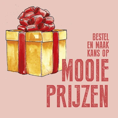 Rode tegel met een cadeau met daarbij de tekst: Bestel en maak kans op mooie prijzen.
