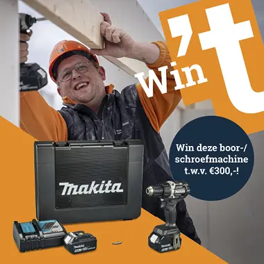 Tegel met de tekst: Win 't. Win deze boor-/schroefmachine t.w.v. €300,-!