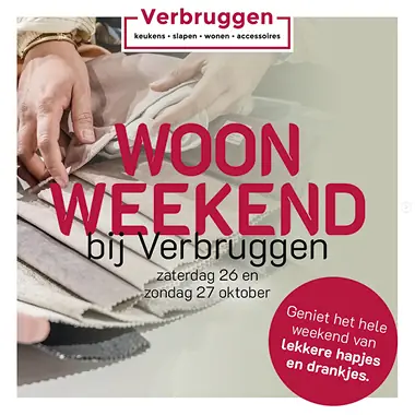 Tegel met de tekst: WOON WEEKEND bij Verbruggen op zaterdag 26 en 27 oktober. Geniet het hele weekend van lekkere hapjes en drankjes.