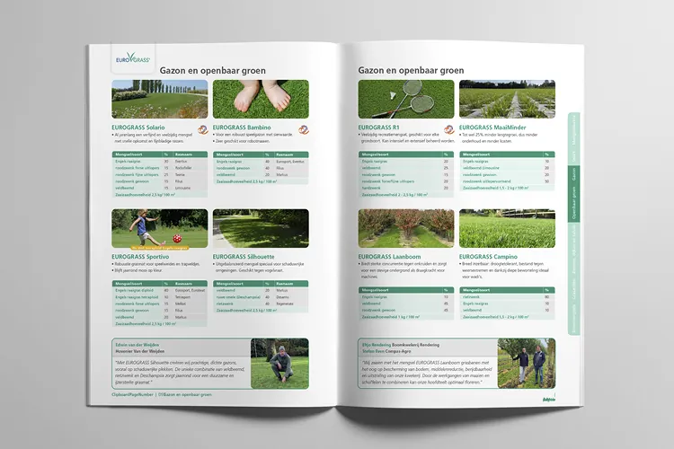 Opengeslagen magazine van Eurograss met verschillende soorten gazon uitgelicht.