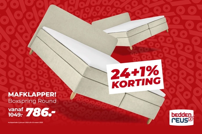 Boxpring op een rode achtergrond met de tekst: MAFKLAPPER! Boxpring Round vanaf €786,-. 24+1% korting. Het logo van Beddenreus in de rechter onderhoek.