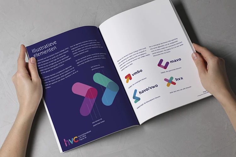 Een opengeslagen brochure op de bladzijde over illustratieve elementen.