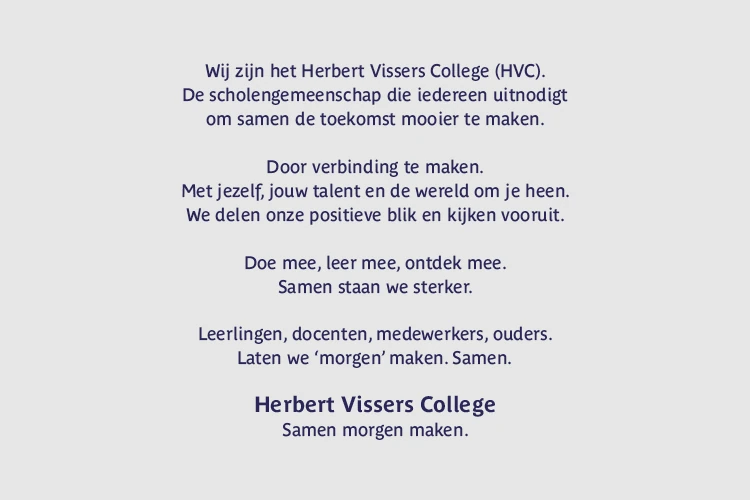 Missie en visie van het Herbert Vissers College, met focus op verbinding, talentontwikkeling en samenwerken aan de toekomst.