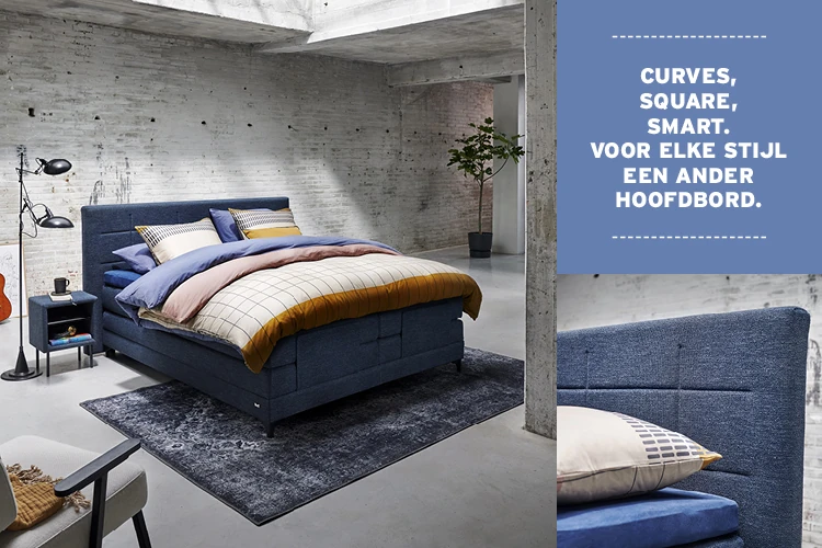 Stijlvolle slaapkamer met een blauw boxspringbed, moderne inrichting en de tekst 'Curves, Square, Smart. Voor elke stijl een ander hoofdbord.