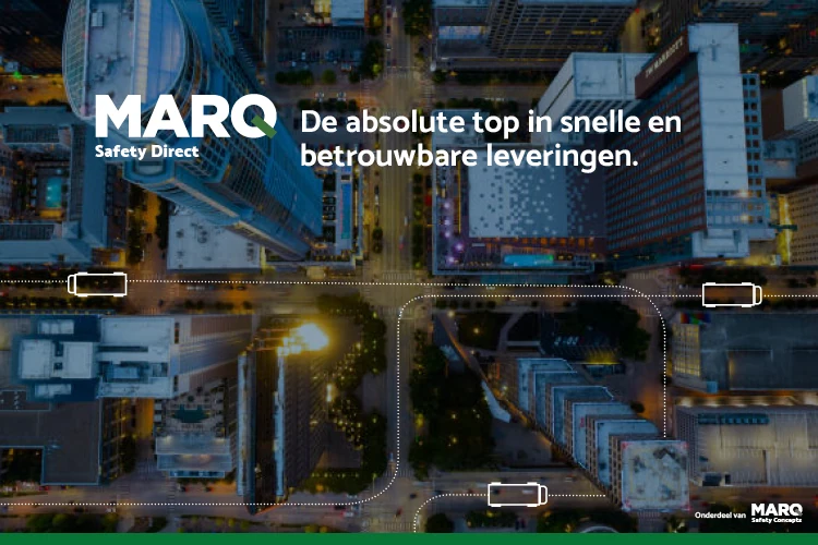 MARQ Safety Direct visual met een luchtfoto van een stedelijk gebied, geanimeerde vrachtwagenroutes en de tekst