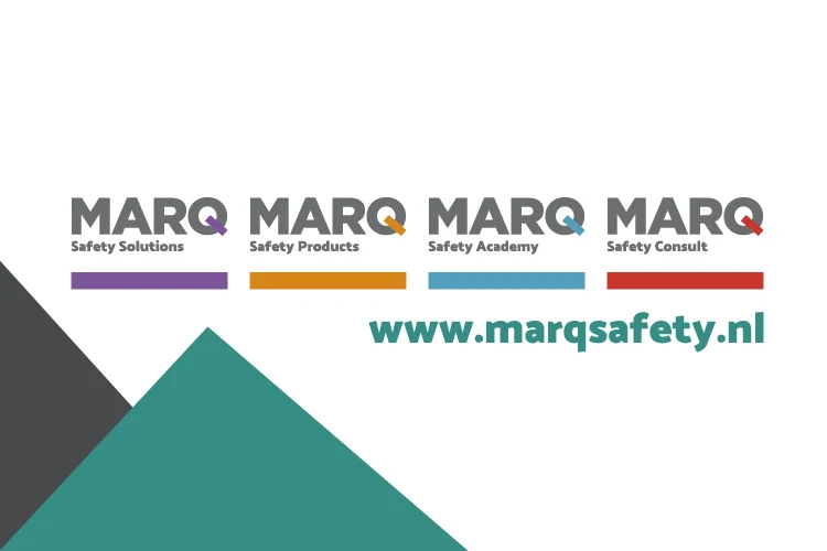 Logo's van MARQ Safety Solutions, MARQ Safety Products, MARQ Safety Academy en MARQ Safety Consult, elk met een eigen kleuraccent, samen met de website www.marqsafety.nl.