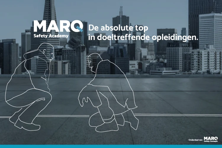 MARQ Safety Academy visual met een stedelijke skyline op de achtergrond, lijntekeningen van twee knielende personen en de tekst