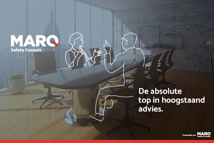 MARQ Safety Consult visual met een moderne vergaderruimte, lijntekeningen van twee overleggende personen en de tekst