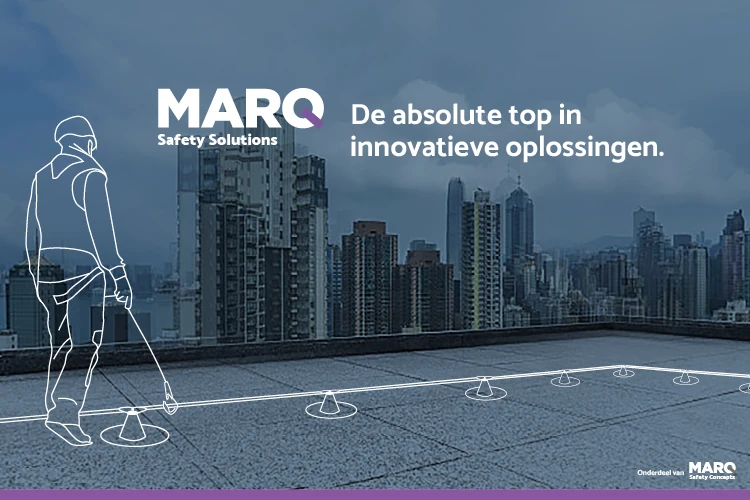 MARQ Safety Solutions visual met een skyline op de achtergrond, een lijntekening van een persoon die een veiligheidsoplossing installeert en de tekst