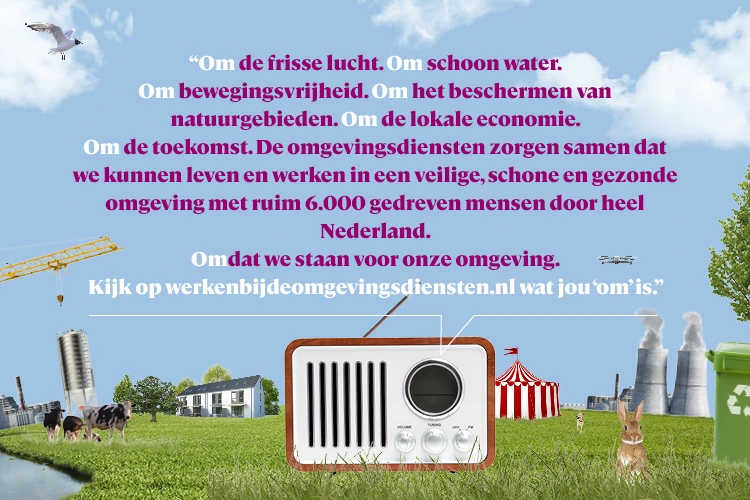 Illustratie van een groene omgeving met een radio, koeien, een kraan en windmolens. Tekst: