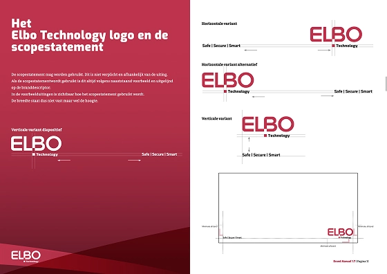 Richtlijnen voor het ELBO Technology logo en scopestatement, met varianten en uitlijning.
