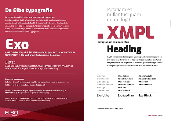 Stijlgids met ELBO typografie: Exo en Bitter.
