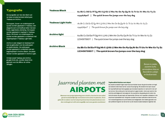 Pagina uit de stijlgids van Van den Berk over typografie, met uitleg over de lettertypen Ysabeau en Archivo en hun toepassingen. Onderaan een sectie over