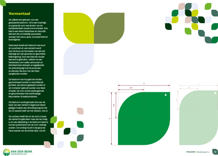 Pagina uit de stijlgids van Van den Berk over vormentaal, met een gestileerd bladvormig ontwerp als visueel element. Bevat uitleg over het gebruik van bladvormen in communicatie en technische specificaties voor de verhoudingen en plaatsing van de vorm.