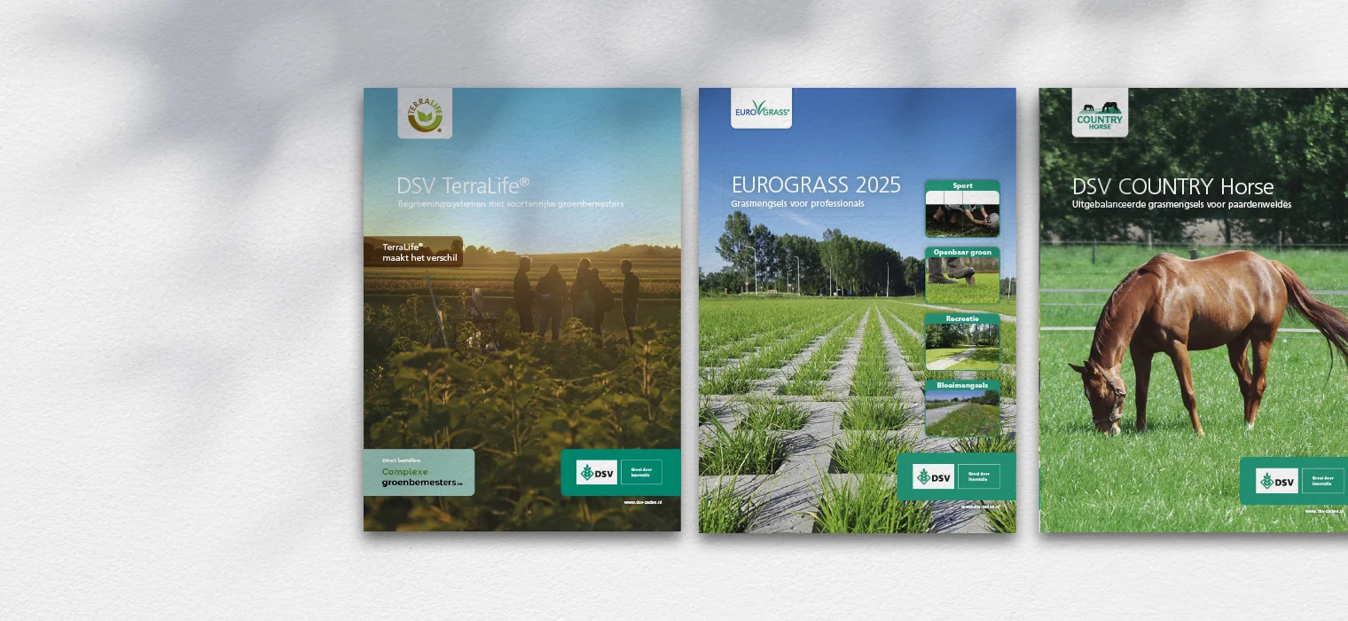 Covers met de teksten: DSV TerraLife, Eurograss 2025, DSV COUNTRY Horse.