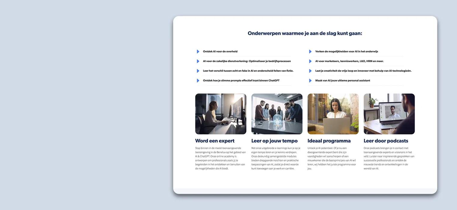 Impressie van alle onderwerpen waarmee je aan de slag kan op Skilltown Connect.