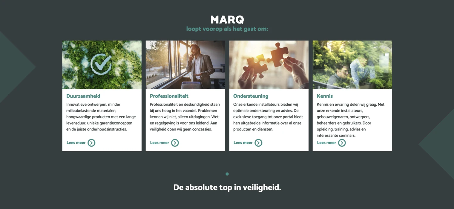 MARQ-informatiebanner met vier pijlers: duurzaamheid, professionaliteit, ondersteuning en kennis, elk met een afbeelding en korte beschrijving, en de slogan