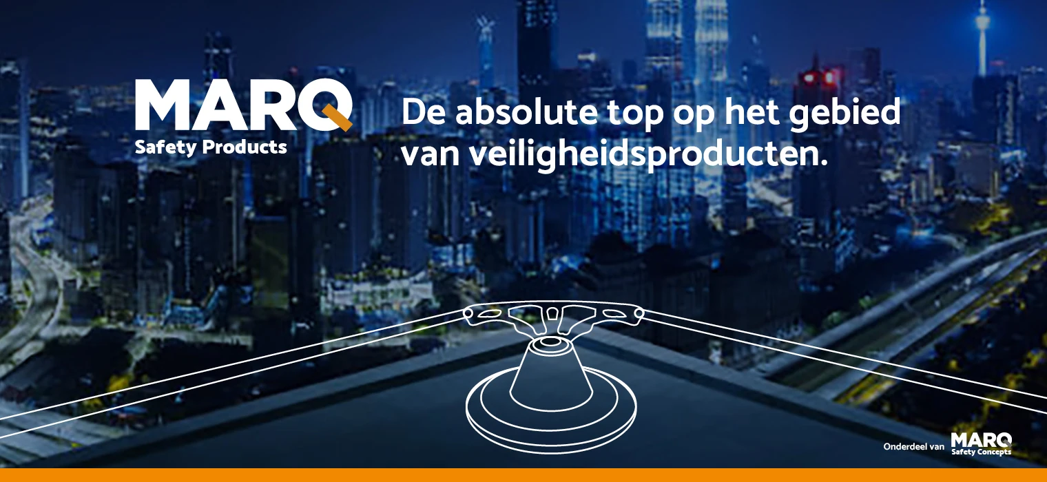 MARQ Safety Products visual met een nachtelijke stadsachtergrond, een lijntekening van een veiligheidsanker op een dak en de tekst