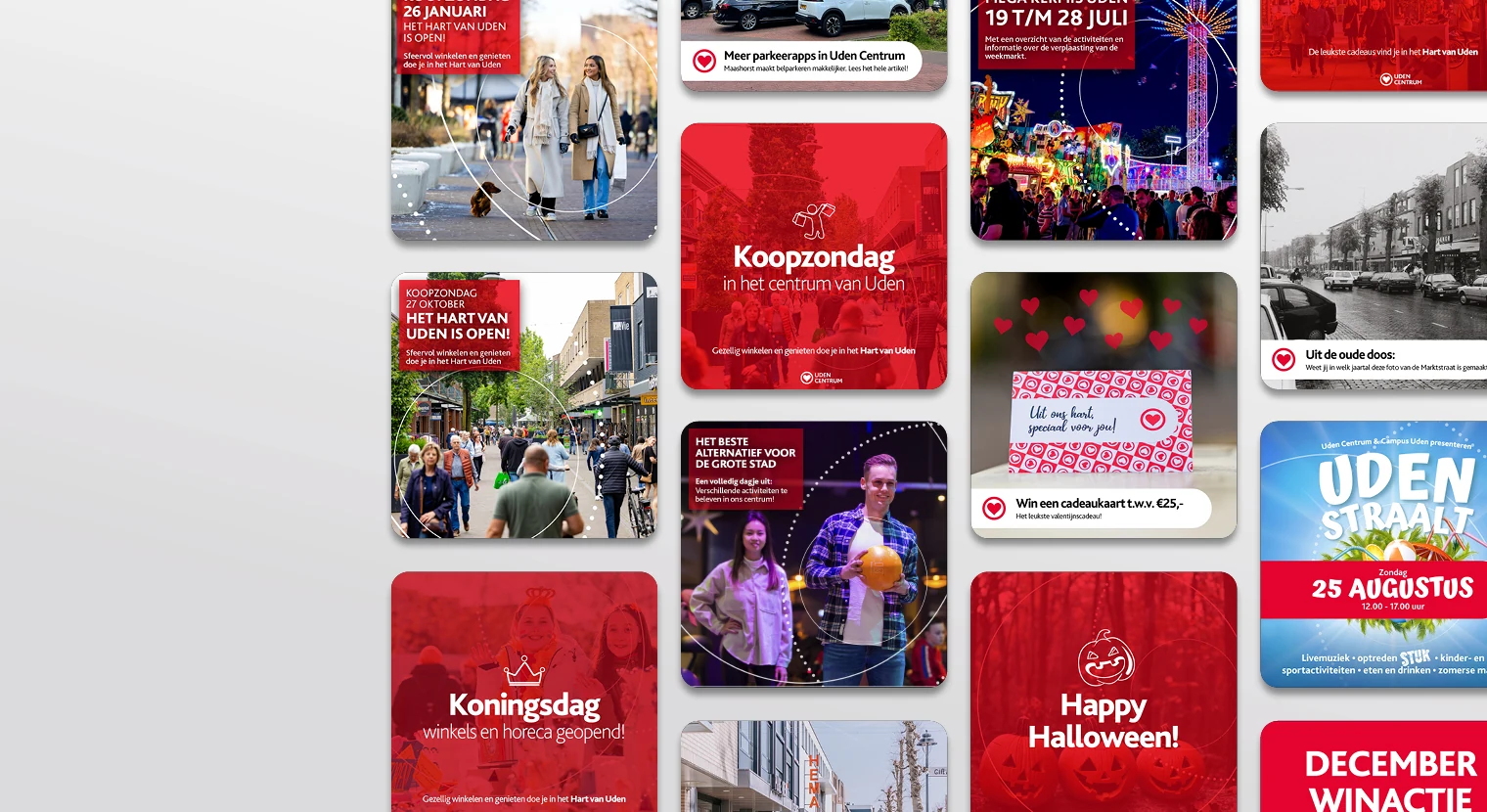 Een overzichtsafbeelding met social posts van Uden Centrum in de vormen van tegeltjes.
